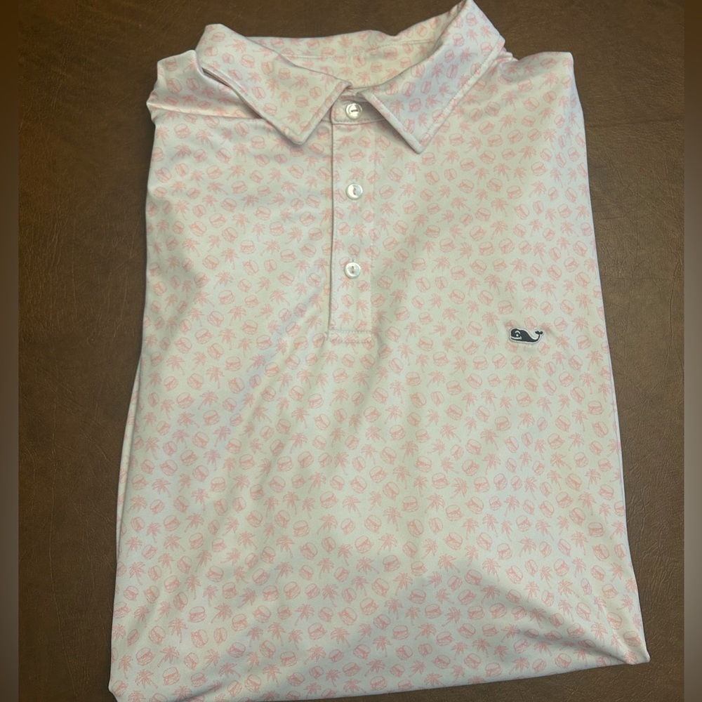 Vineyard Vines Performance Golf Polo White/Pink Palm Trees/Burgers Men's XL